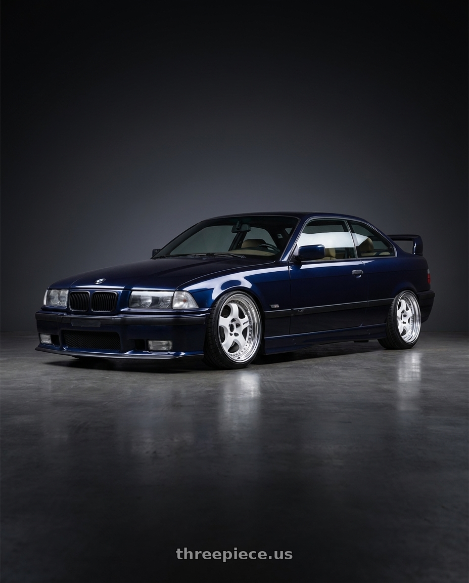 1997 BMW 328i with Work Meister S1 3P 5x120 17x8+36 W Disk White wheels front three quarter view lowered stance