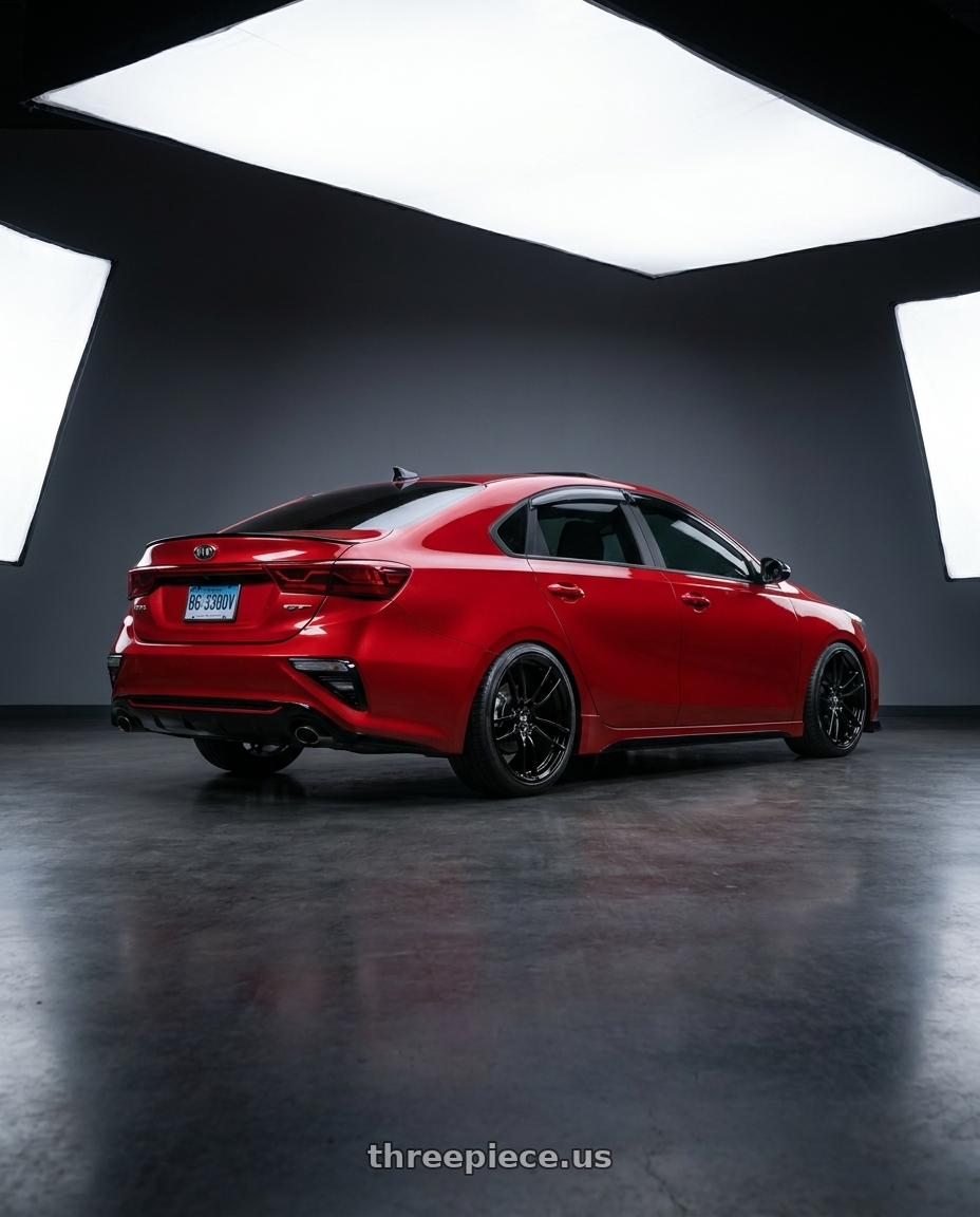 2020 KIA FORTE GT with P51 Wheels 101RF 5X114.3 20x10 +35 Gloss Black wheels rear three quarter view slight stretch tires