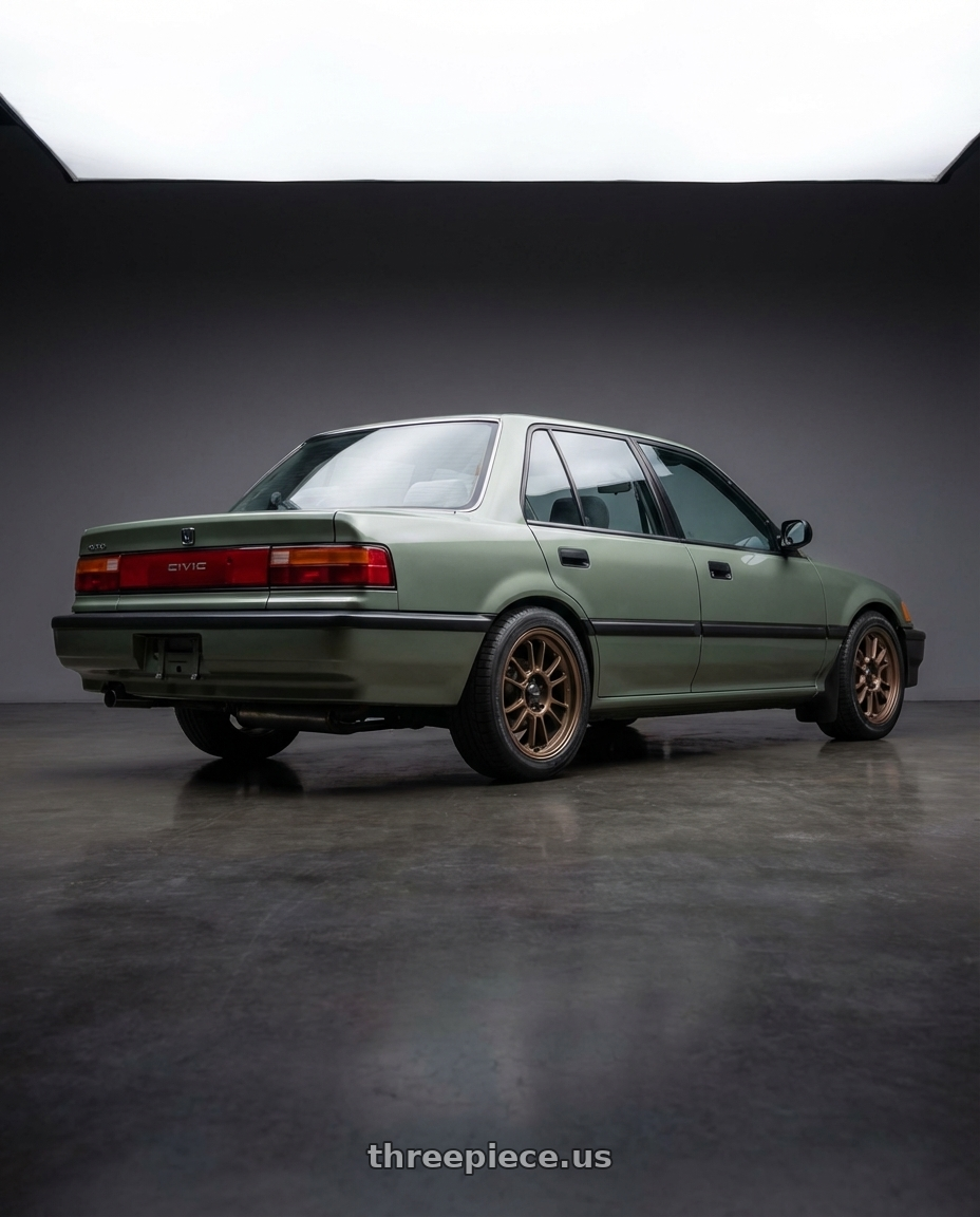 1988 Honda Civic DX Sage with Konig Hypergram 5x114.3 16x7.5+38 Race Bronze wheels rear three quarter view square tires