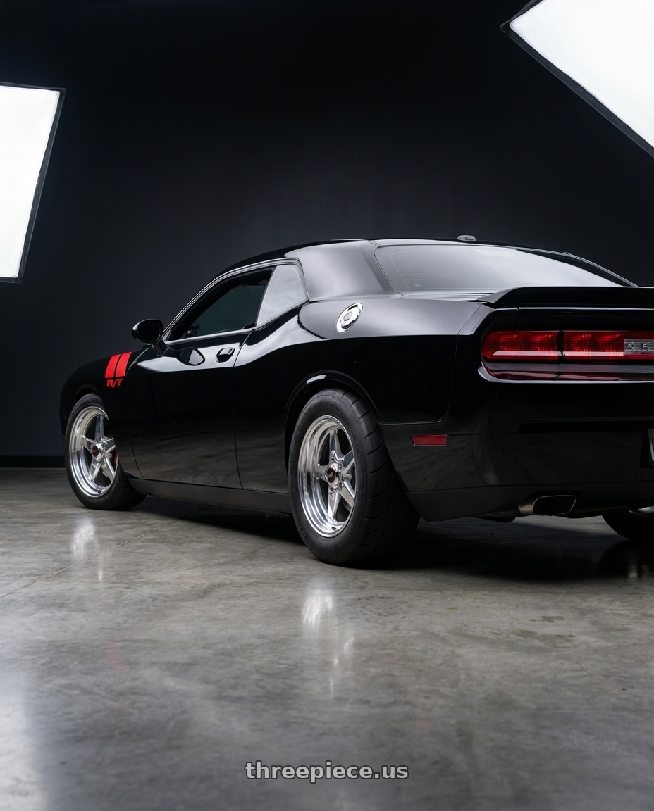 2010 dodge challenger with Race Star 92 Drag Star 5x115 20x6 -7 Polish wheels rear three quarter view meaty tires