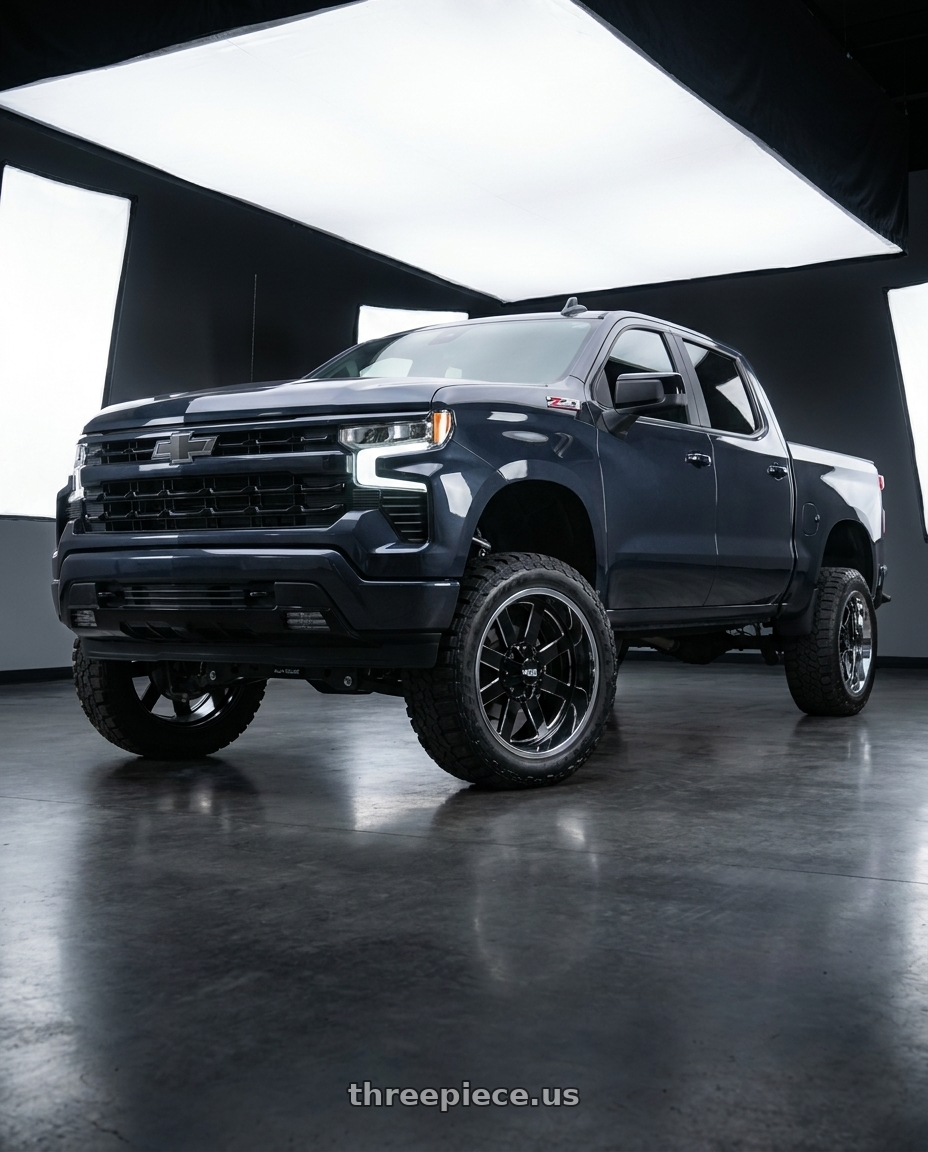 2023 Chevrolet Silverado 1500 with Moto Metal MO200 6X139.7 22X12 -44 GLOSS BLACK MILLED CENTER CHROME LIP wheels