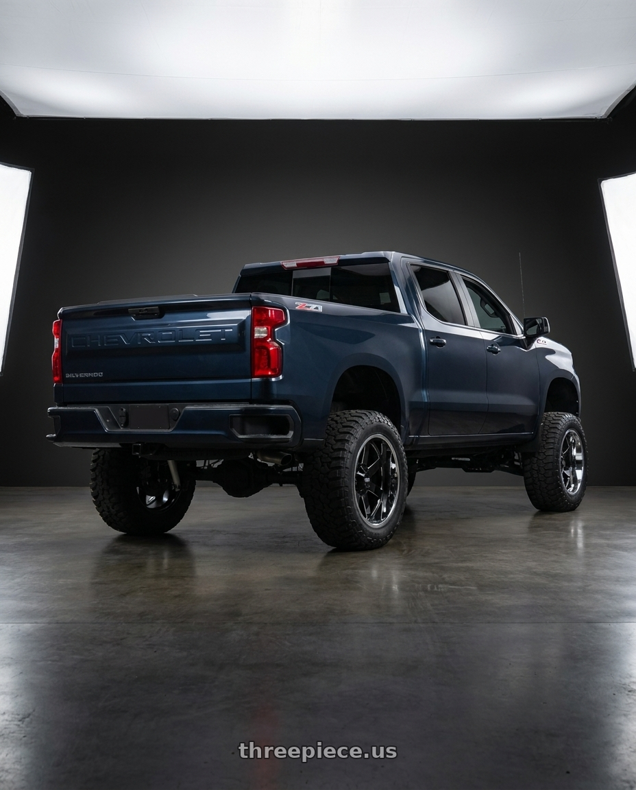 2023 Chevrolet Silverado 1500 with Moto Metal MO200 6X139.7 22X12 -44 GLOSS BLACK MILLED CENTER CHROME LIP wheels rear three quarter view meaty tires
