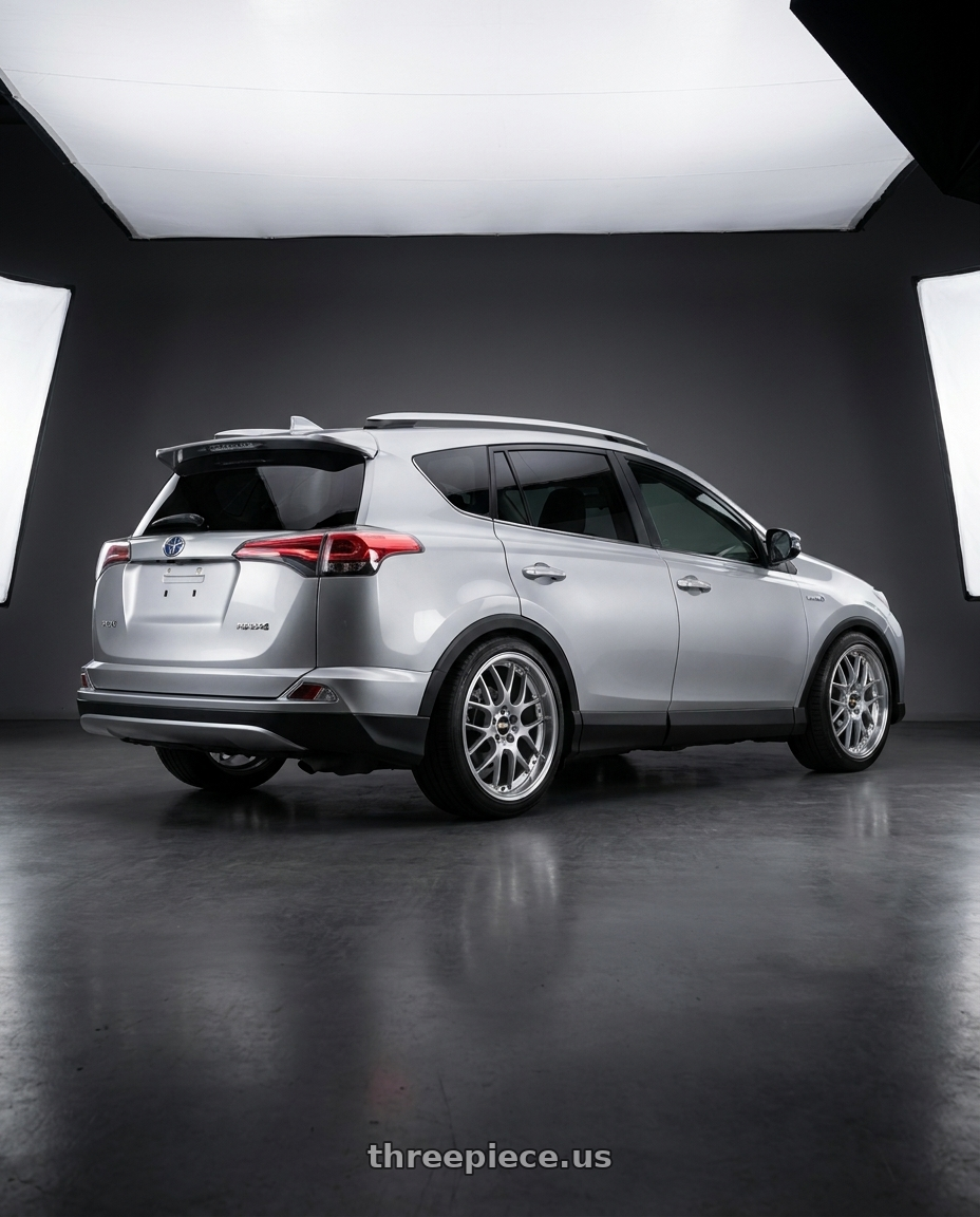 2016 toyota rav4 silver with BBS RS-GT 5x114.3 19x10.0+40 Diamond Silver wheels rear three quarter view slight stretch tires