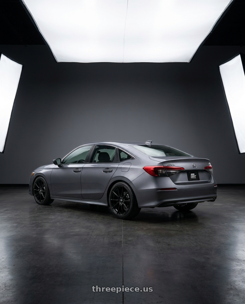 2026 Civic Si with MST Wheels DELTA 5x114.3 18x8.5 +35 Glossy Black wheels rear three quarter view square tires