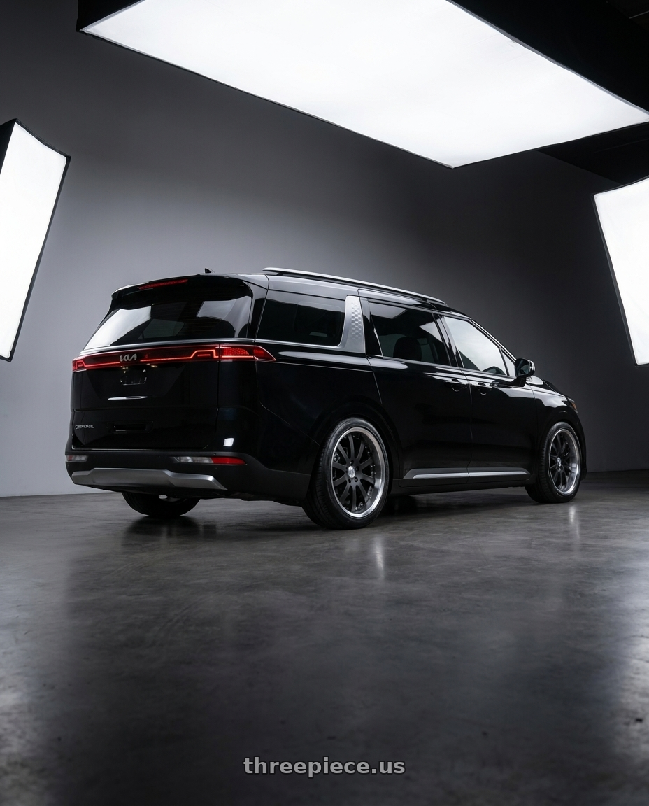 2025 Kia carnival with Work Equip E10 5x114.3 20x14+-5 a disk Black Anodized wheels rear three quarter view slight stretch tires