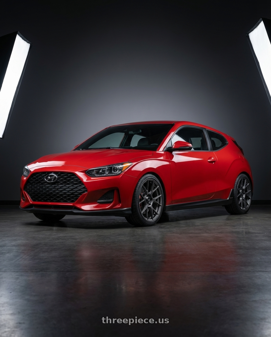 2022 Hyundai Veloster N with Konig Ampliform 5x114.3 19x8.5+30 Dark Metallic Graphite wheels front three quarter view lowered stance