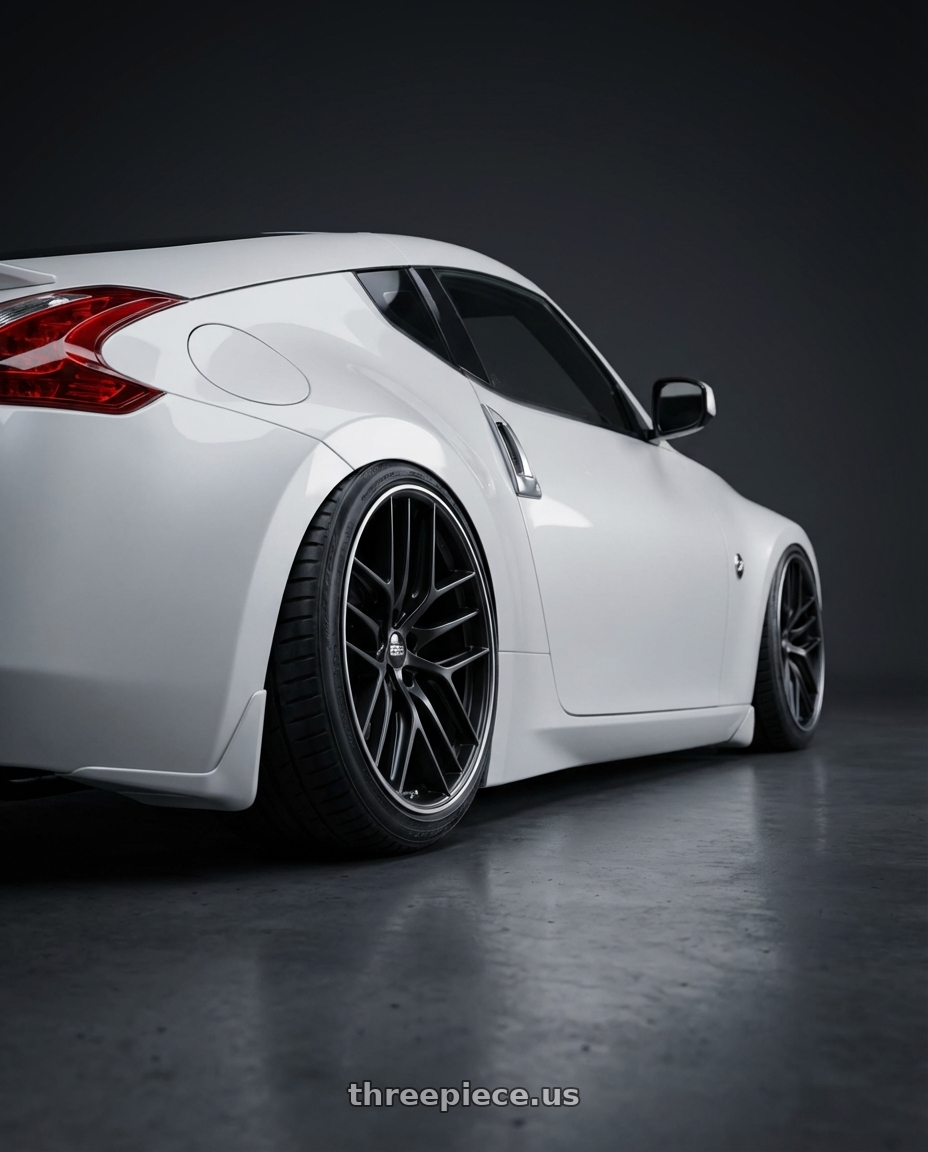 2019 Nissan 370Z with BBS CC-R 5x114.3 19x8.5+30 Satin Black wheels rear three quarter view slight stretch tires