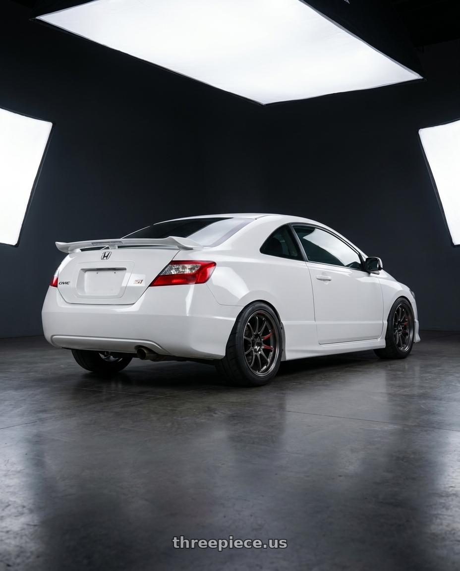 2008 honda civic si with Volk Racing CE28SL 5x114.3 17x9.0+22 wheels rear three quarter view meaty tires