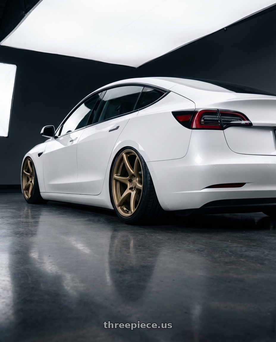 2023 Tesla Model 3 with Kansei K11B Tandem 5x114.3 19x10.5 22 Bronze wheels rear three quarter view slight stretch tires
