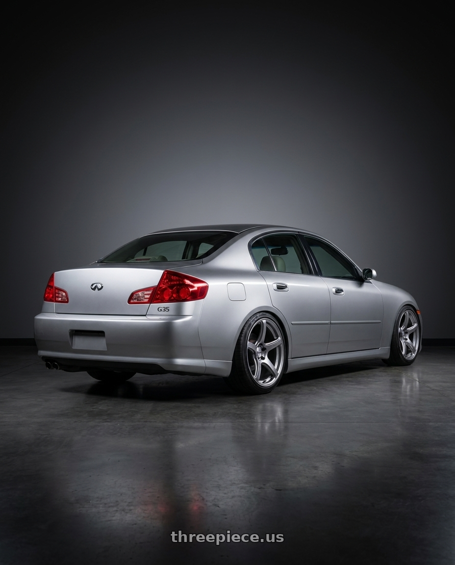 2003 Infiniti G35 Sedan Silver with Work Emotion T5r 5x114.3 19x9.5 +25 Glow Silver wheels rear three quarter view slight stretch tires