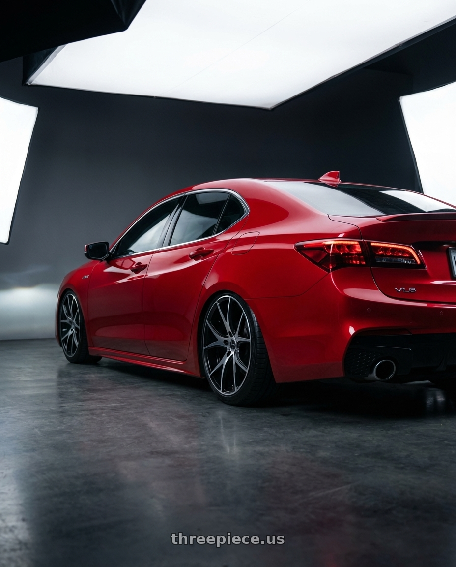 2020 Acura tlx v6 sh awd with Platinum 419U Recluse 5x114.3 17x7.5 +40 Gloss Black w/Diamond Cut Face wheels rear three quarter view slight stretch tires