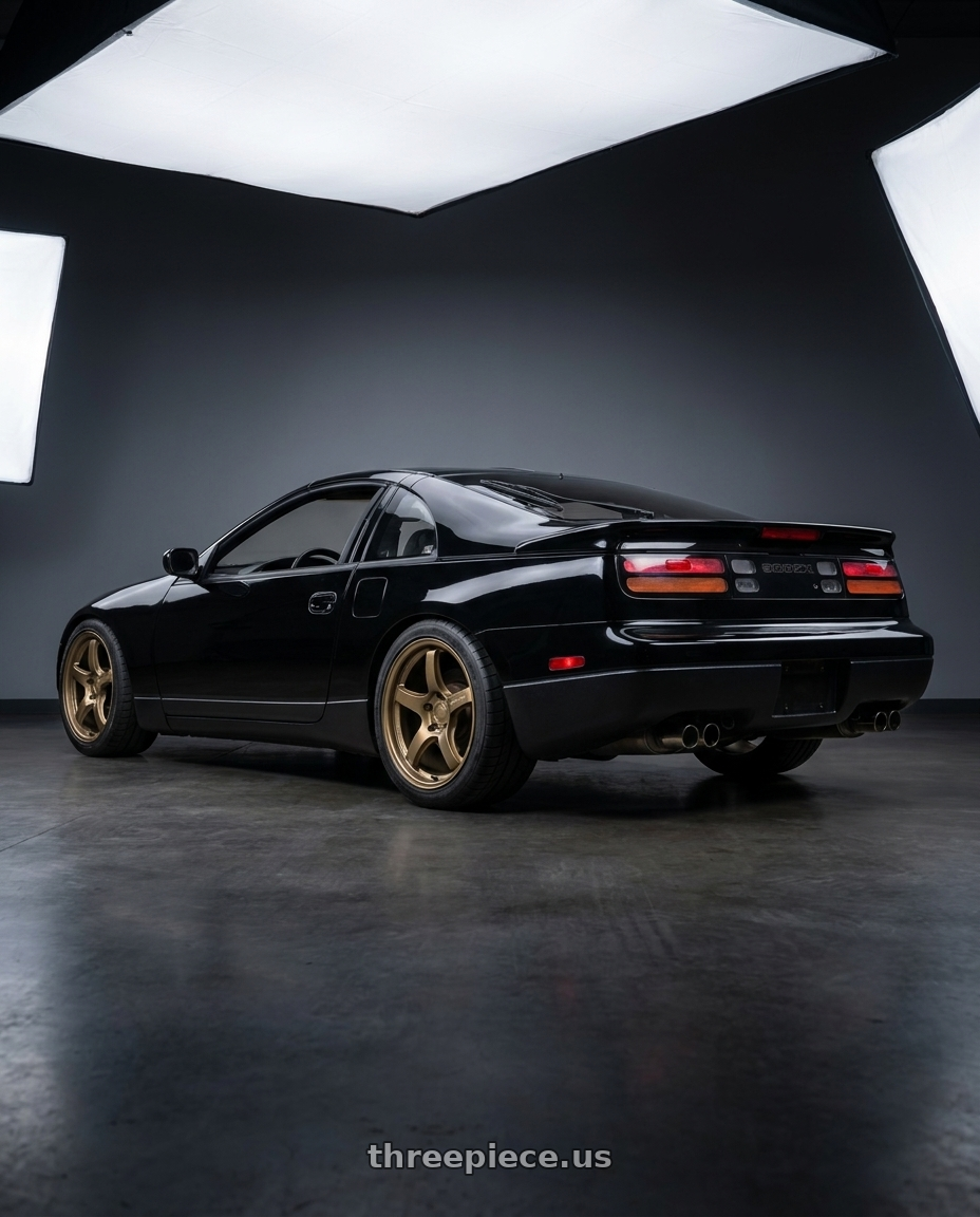 1994 Nissan 300ZX with Gram Lights 57CR 5x120 19x9.5 +35 Almite Gold wheels rear three quarter view square tires