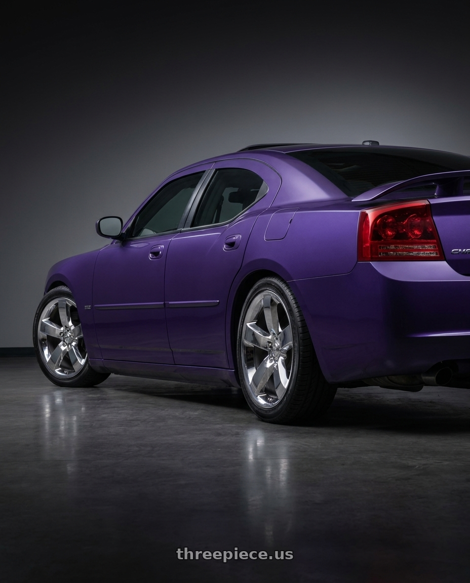 2007 Dodge Charger Rt Daytona with OE Wheels DG04 5x115 20x9+20 Chrome wheels rear three quarter view slight stretch tires