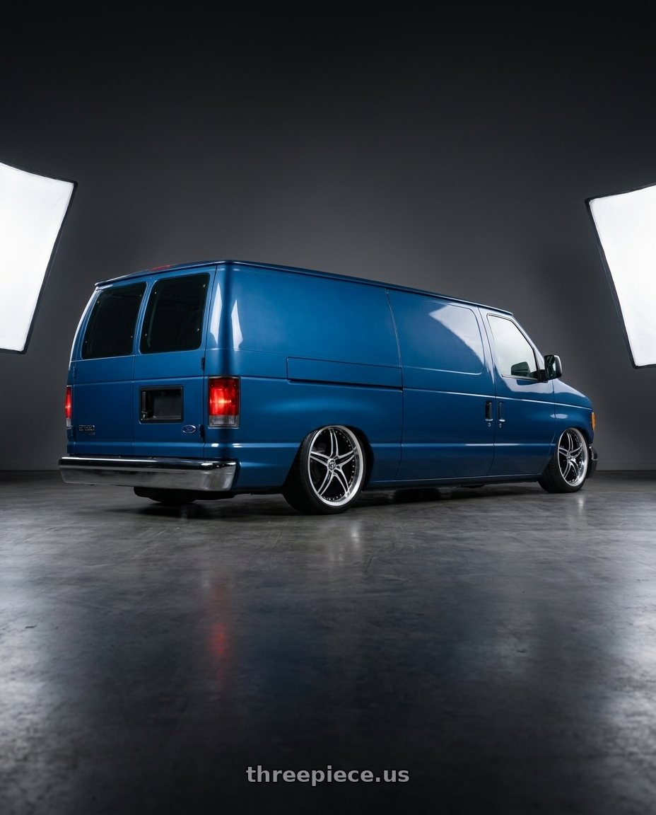 1996 Ford e150 with Motegi MR107 D5S 5X112 16X7 +45 GLOSS BLACK MACHINED wheels rear three quarter view slight stretch tires