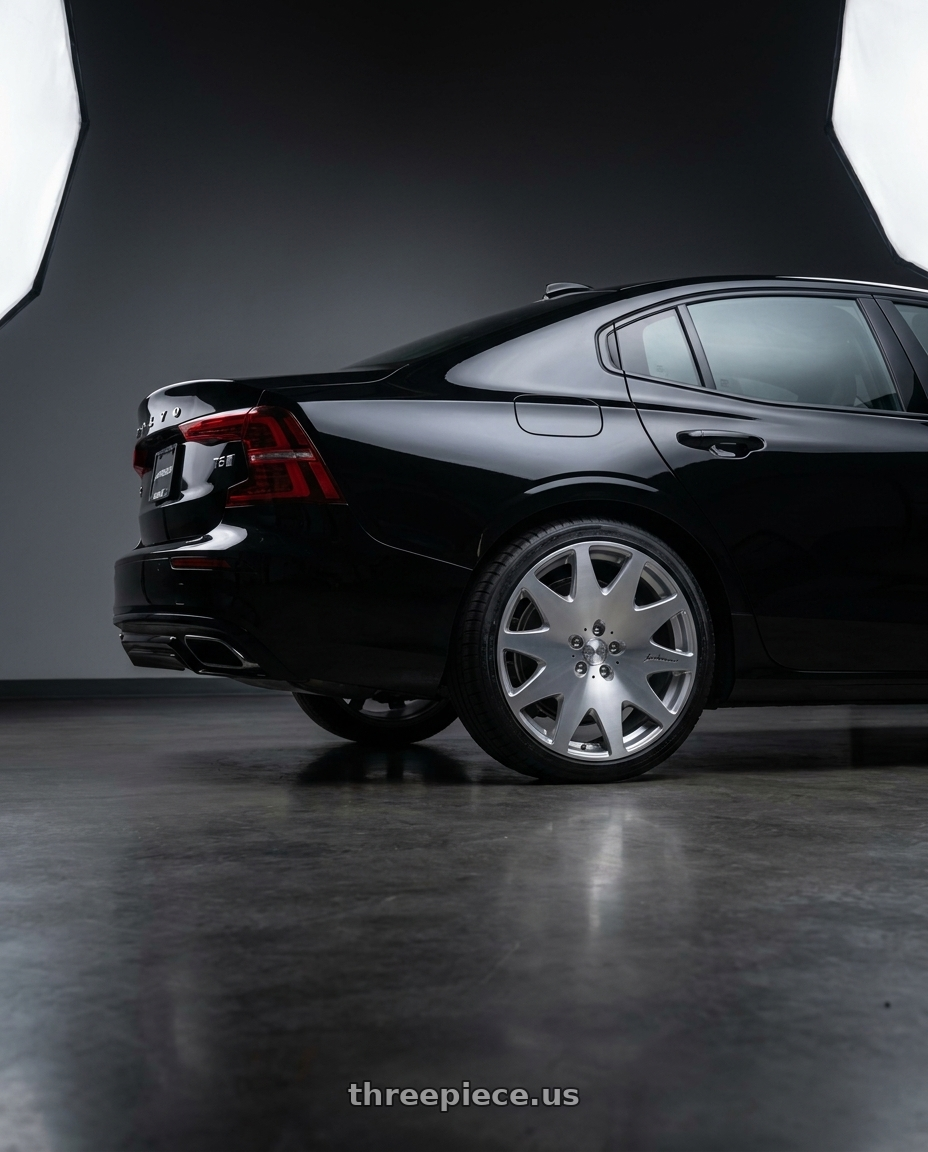 2020 Volvo S60 T6 R-Design with MRR HR3 5x108 19x8.5  +35 Silver Machine Face wheels rear three quarter view square tires