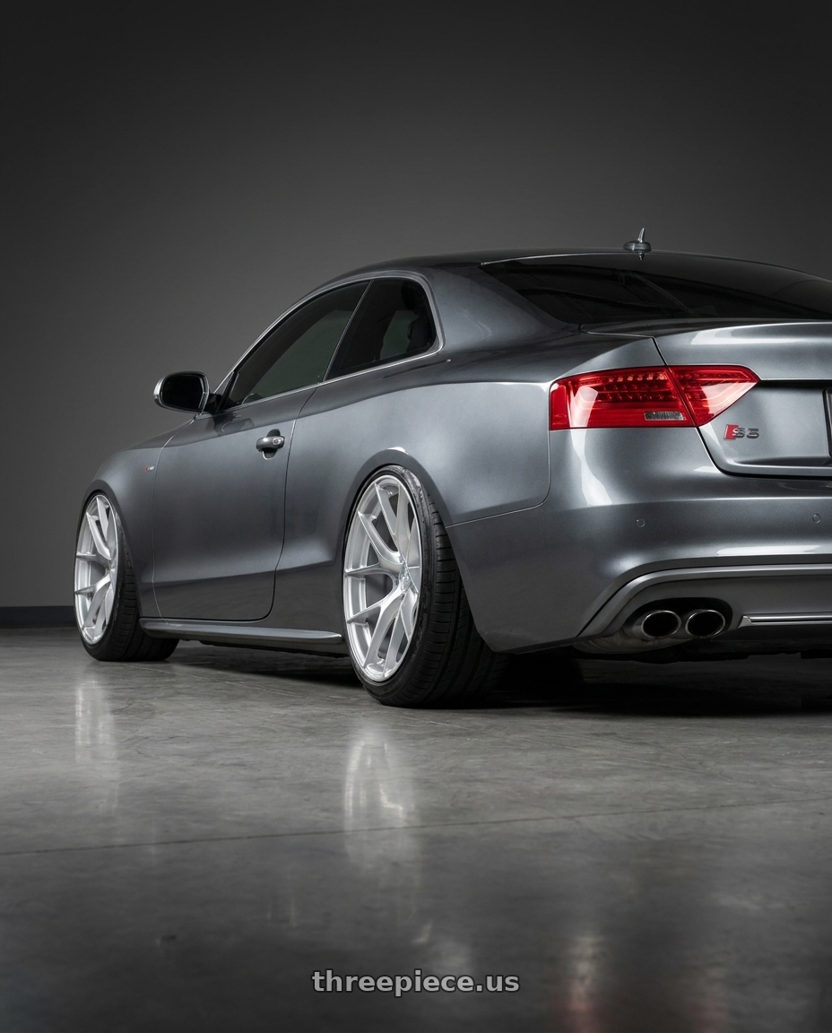 2013 Audi S5 with Aodhan AFF7 5x112 19x8.5+35 Gloss Silver Machined Face wheels rear three quarter view meaty tires
