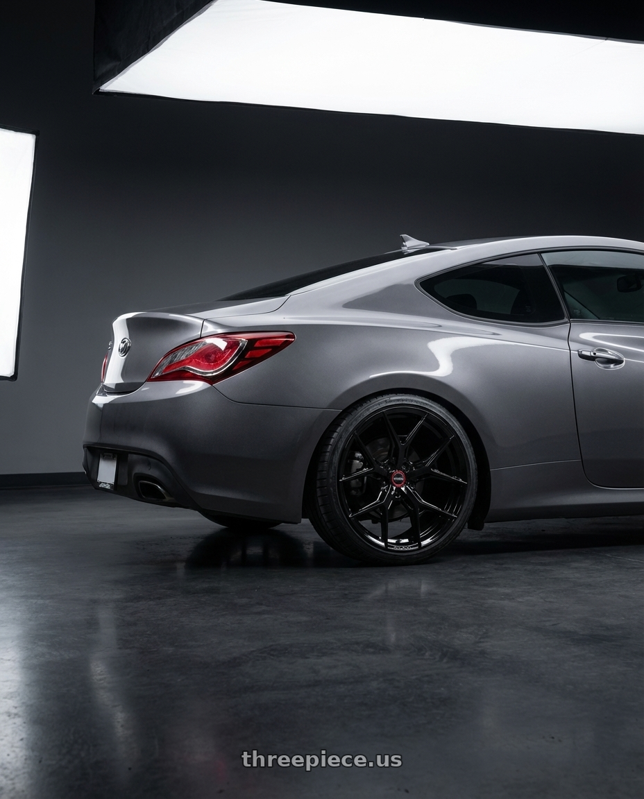 2014 Hyundai Genesis Coupe with Vossen HF-5 19x8.5 / 5x114.3 / ET32 / Flat Face / 73.1 - Gloss Black Wheel - HF5-9N60 wheels rear three quarter view square tires