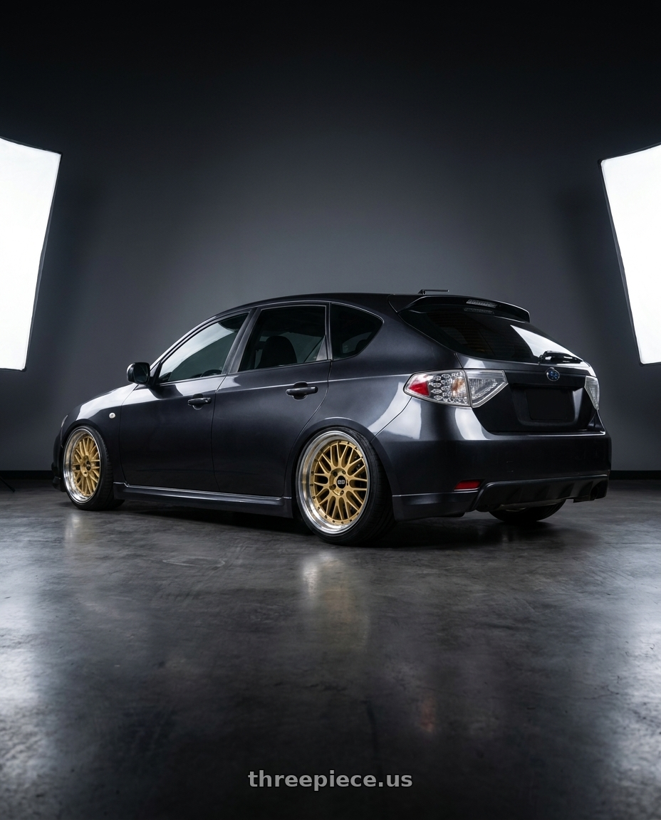 2008 subaru impreza 2 0 with BBS LM 5x114.3 17x7.5+38 Gold wheels rear three quarter view extreme stretch tires