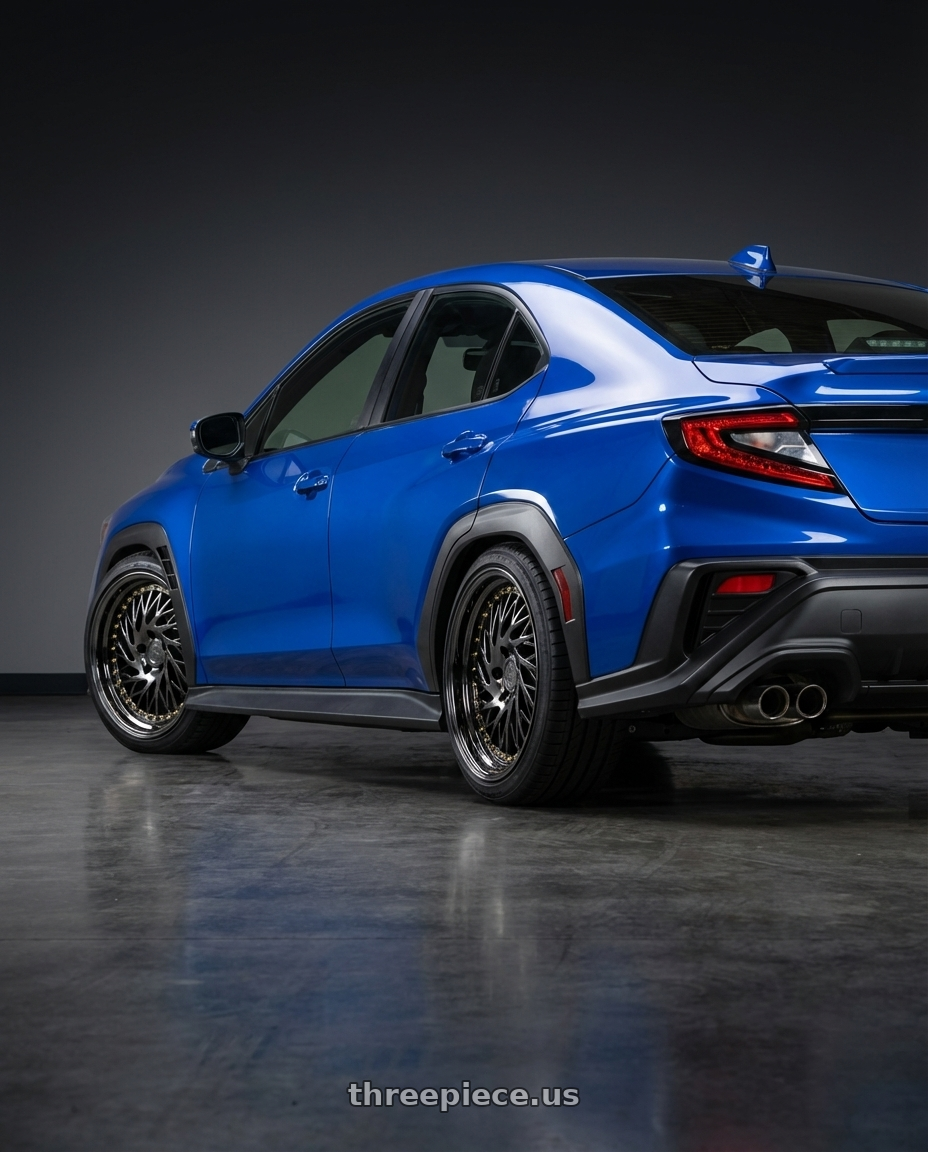 2024 Subaru WRX with Aodhan DS03 5x114.3 18x9.5 +30 Black Vacuum w/ Gold Rivets wheels rear three quarter view square tires