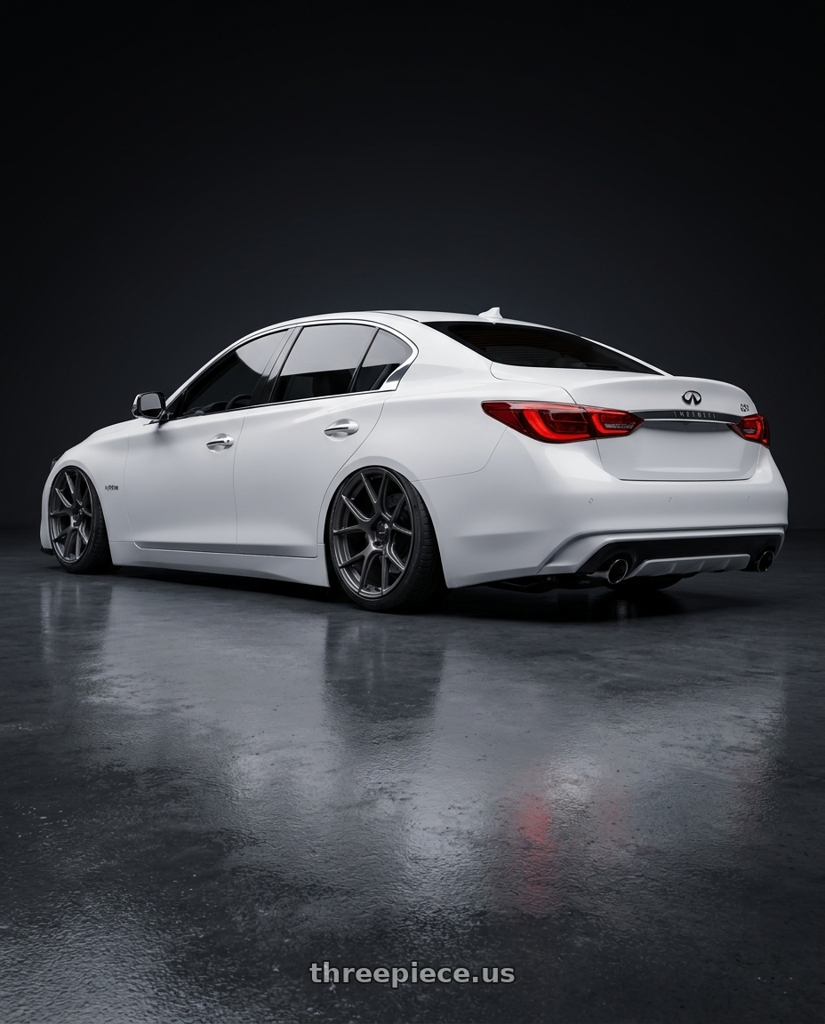 2020 Infiniti Q50 with Konig Ampliform 5x114.3 20x8.5+43 Dark Metallic Graphite wheels rear three quarter view slight stretch tires