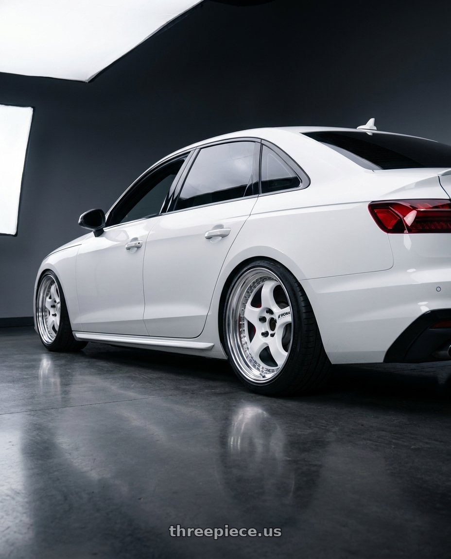 2020 Audi s4 with Work Meister S1 3P 5x112 19x9.5+38 R Disk White wheels rear three quarter view slight stretch tires