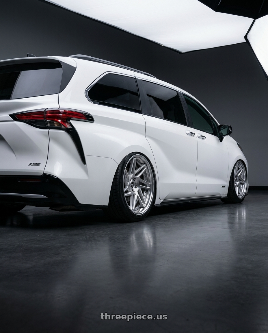 2025 TOYOTA SIENNA XSE  with Work Zeast st3 5x100 20x8+22 A Disk Brush Silver Clear wheels rear three quarter view slight stretch tires