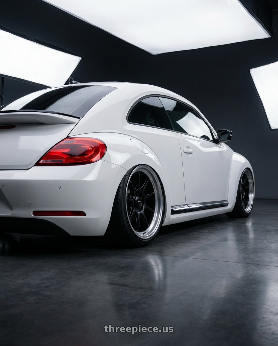 2016 Volkswagen Beetle Turbo with Konig Countergram 5x112 19x9.5+30 Matte Black / Matte Machined Lip wheels rear three quarter view slight stretch tires