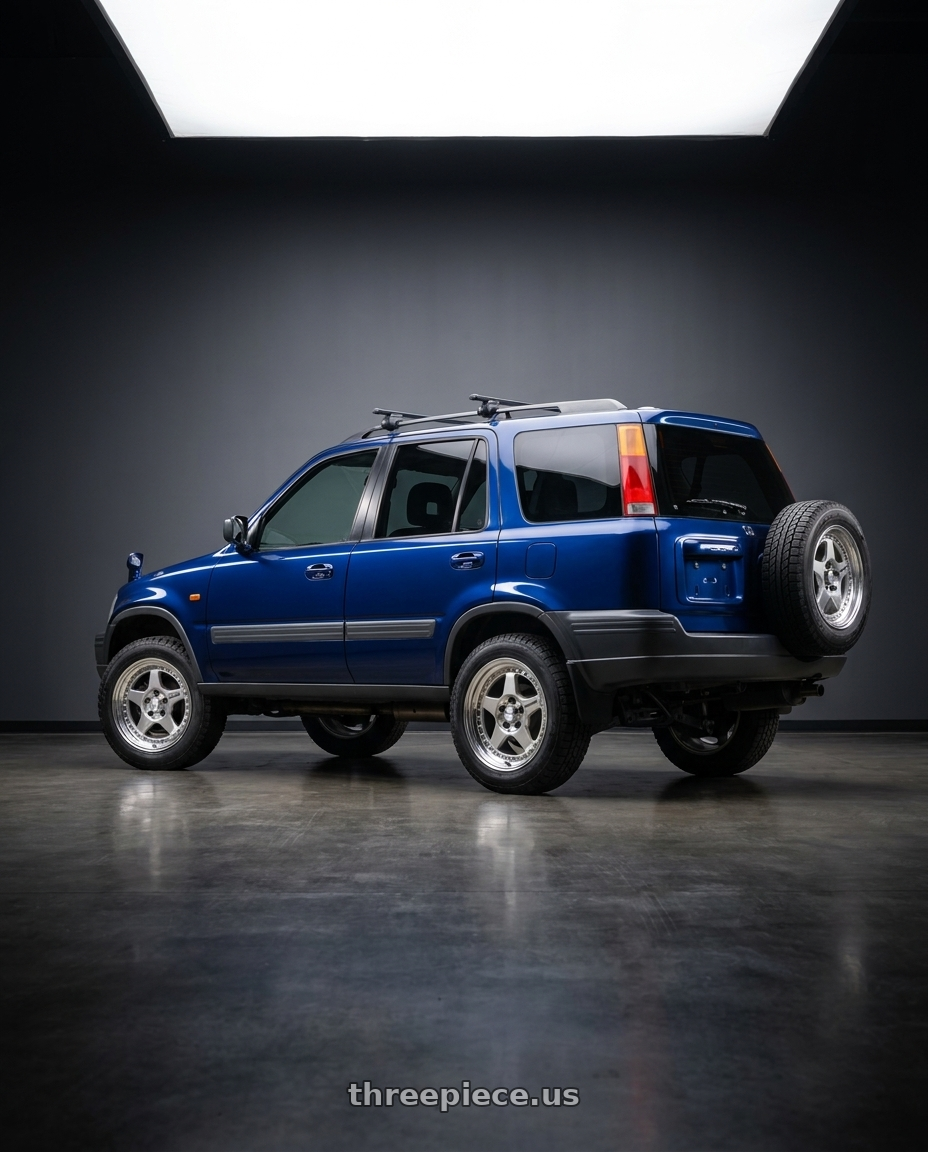 1997 Honda CRV with Work Meister Cr01 4x114.3 15x7+-28 T Disk Bright Buff Finish wheels rear three quarter view square tires