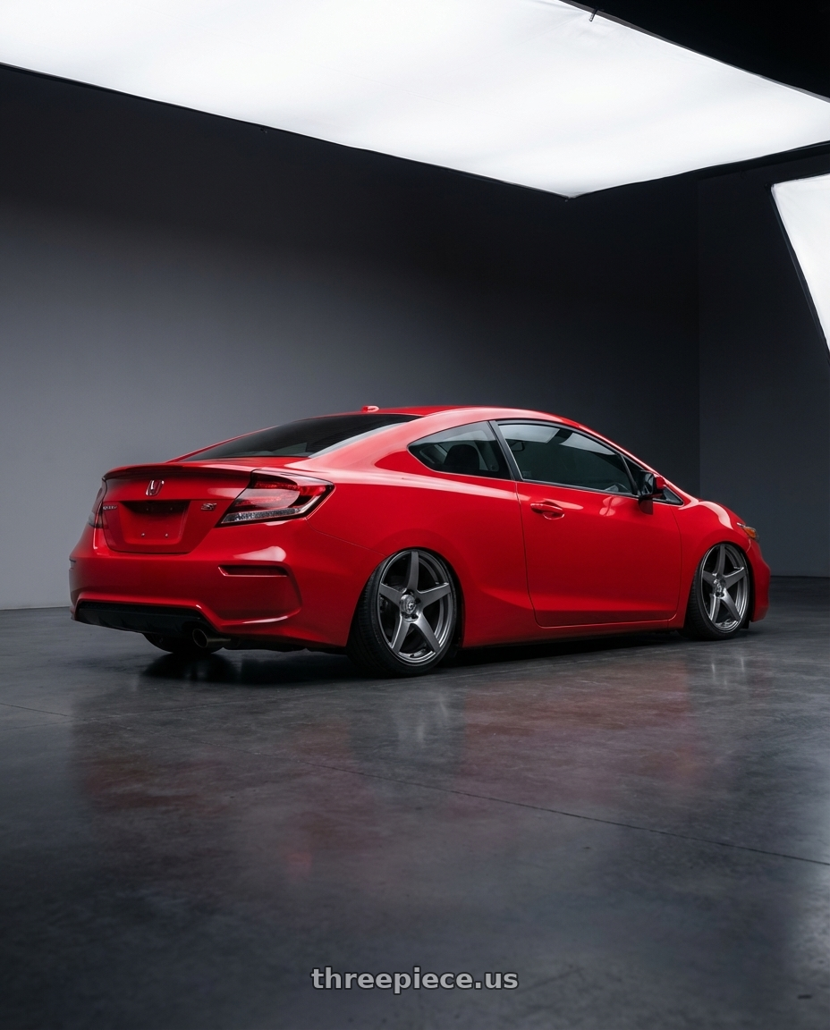 2011 Honda Civic Si with Forgestar CF5 5x114.3 18x9 +35 Gloss Anthracite wheels rear three quarter view slight stretch tires