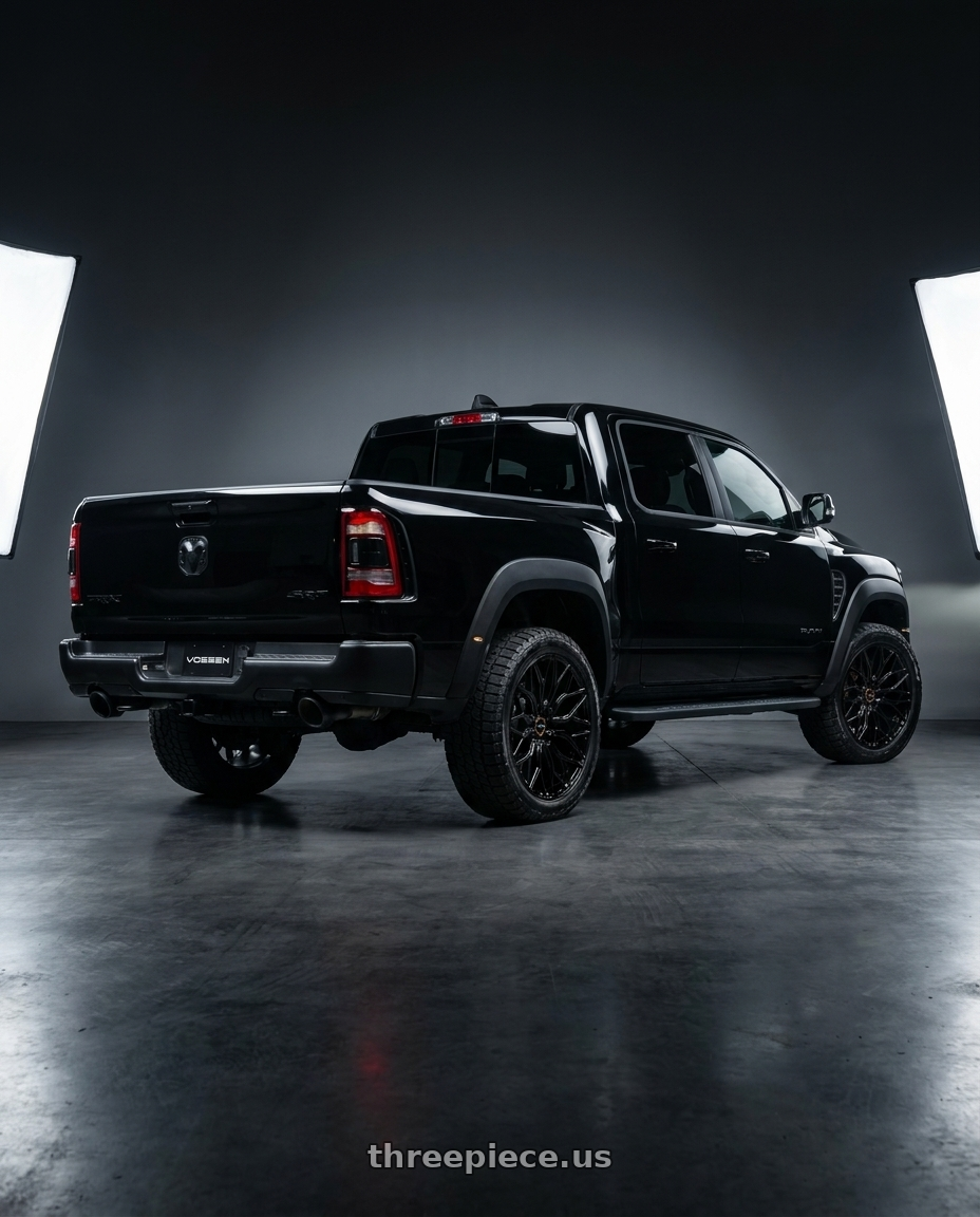2027 RAM 1500 Trx SRT with VOSSEN HF6-3 6X139.7 22x9.5 +20 GLOSS BLACK wheels rear three quarter view square tires