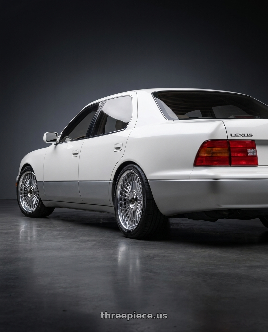 1998 lexus ls400 with Work Emitz Chrome 5x114.3 19x8.0 +38 wheels rear three quarter view square tires
