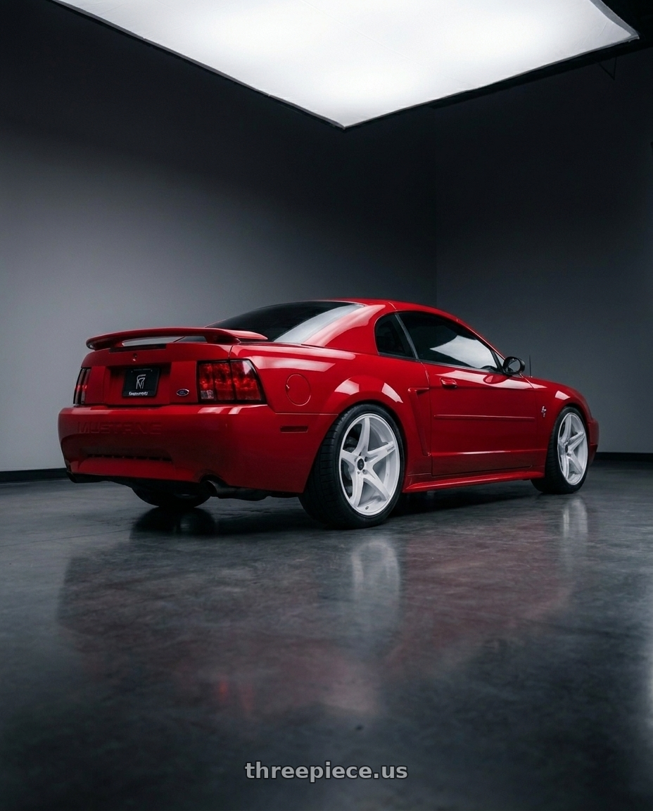 2002 ford mustang with Stage Wheels Monroe 5x114.3 18x9 +0 White wheels rear three quarter view square tires