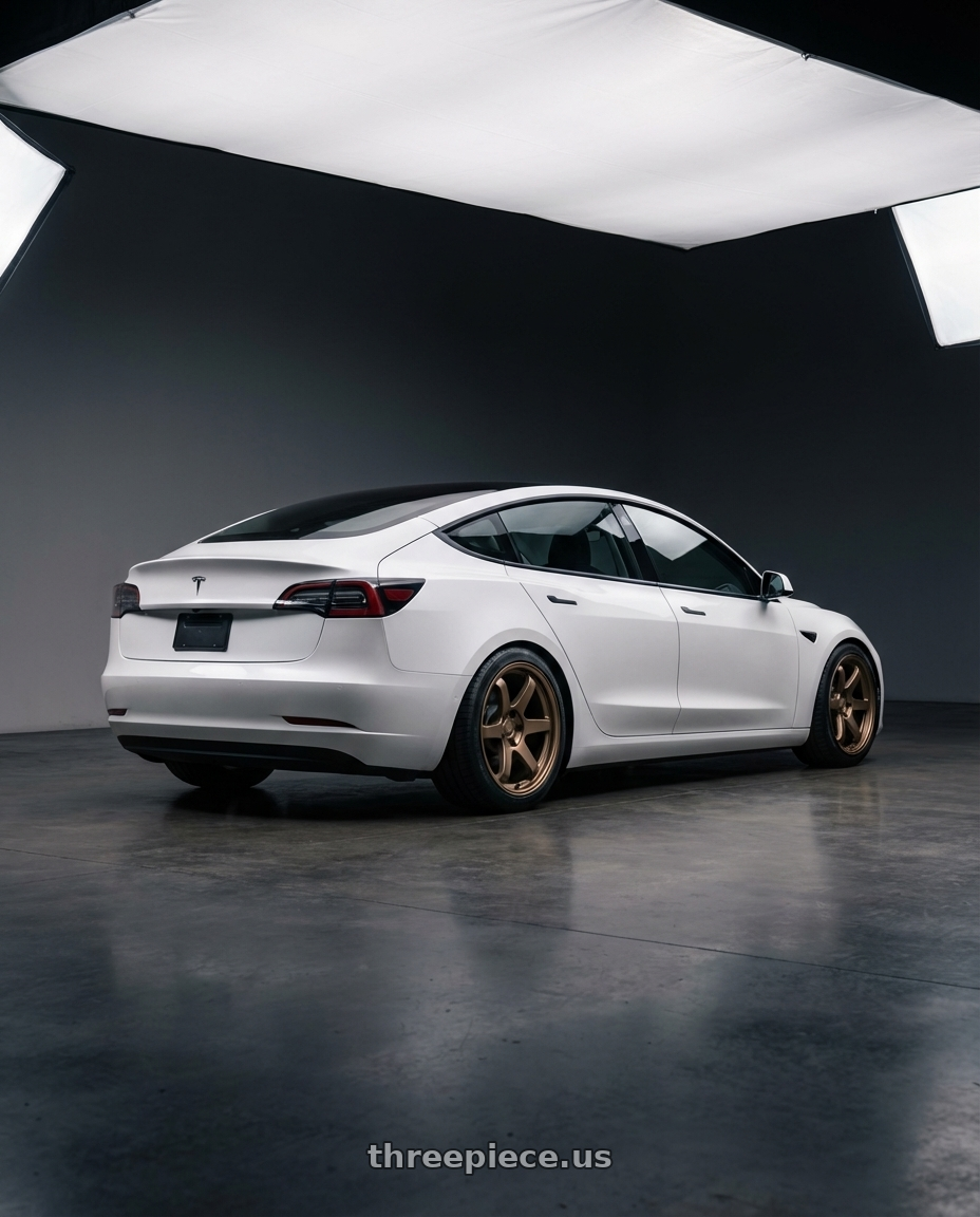 2023 Tesla Model 3 with Kansei K11B Tandem 5x114.3 19x9.5 22 Bronze wheels rear three quarter view square tires