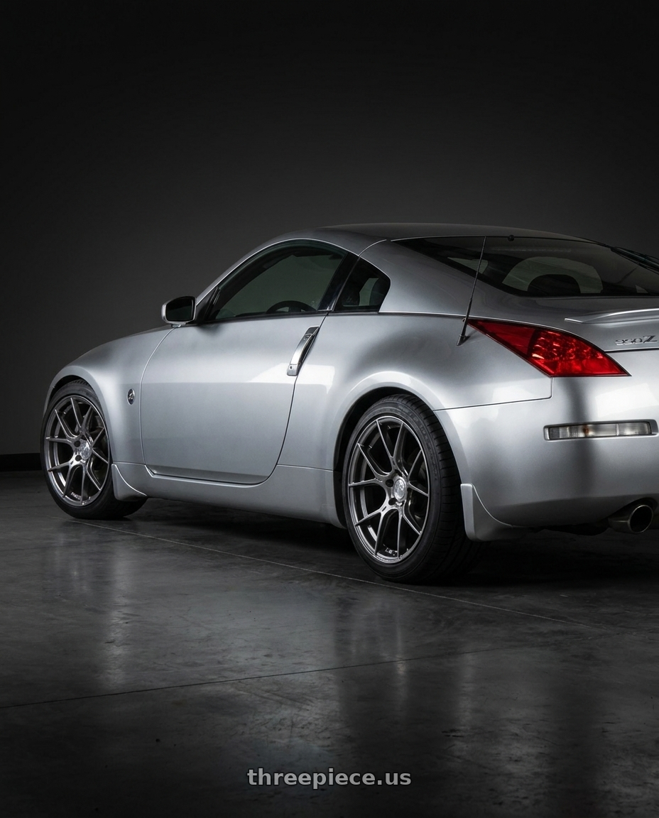 2003 Nissan 350Z with Aodhan AH-11 5x114.3 19x9.5 +35 Hyper Black wheels rear three quarter view square tires
