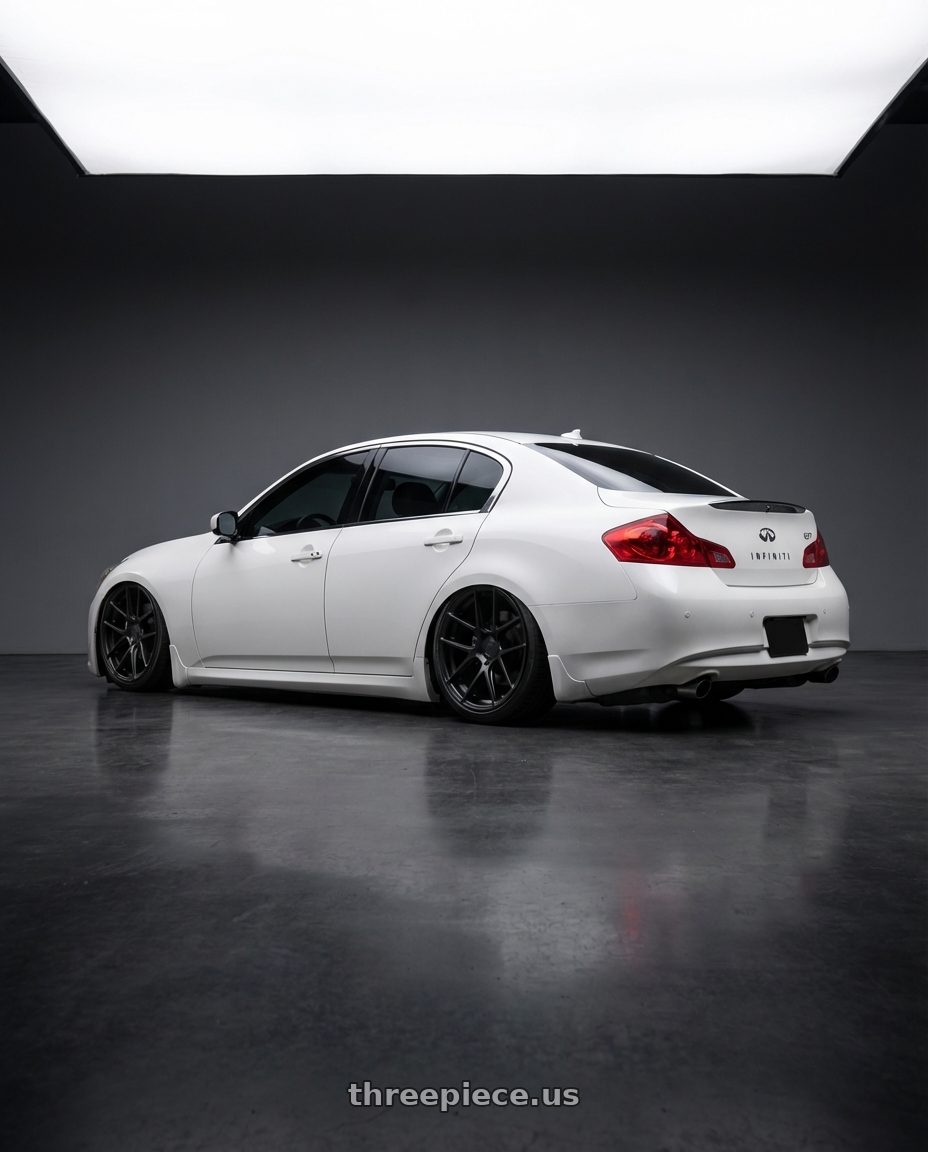 2012 Infiniti G37 with Avant Garde Wheels M510 5X114.3 19x9.5 +40 Matte Black wheels rear three quarter view slight stretch tires