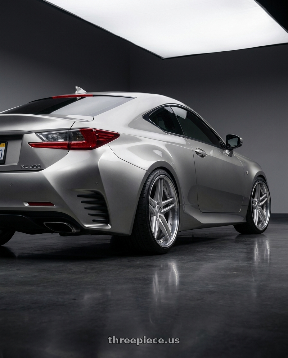 2020 LEXUS RC300 with Work Gnosis Gr205 5x108 21x11+0 W Disk Brush Silver Clear wheels rear three quarter view slight stretch tires