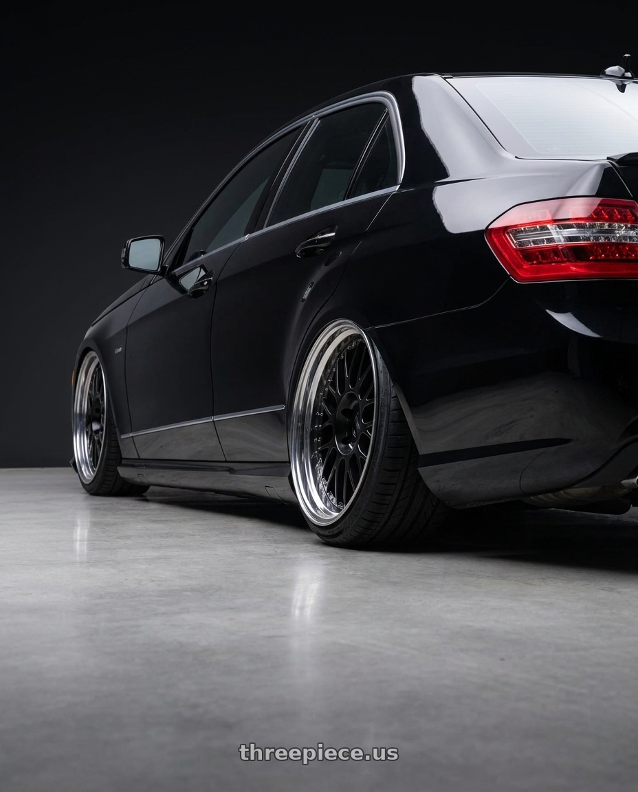 2010 Benz E550 with SSR Professor MS1 4x100 18x7.5+12 HP Disk Black wheels rear three quarter view extreme stretch tires