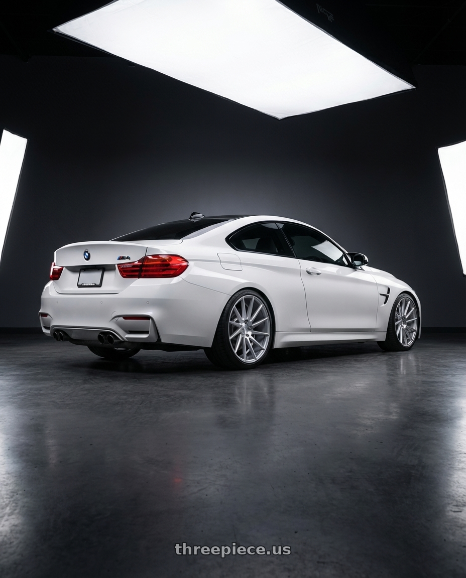 2018 BMW M4 F82 with Niche 1PC M112 SURGE 5X120 19X8.5 +35 GLOSS SILVER MACHINED wheels rear three quarter view square tires