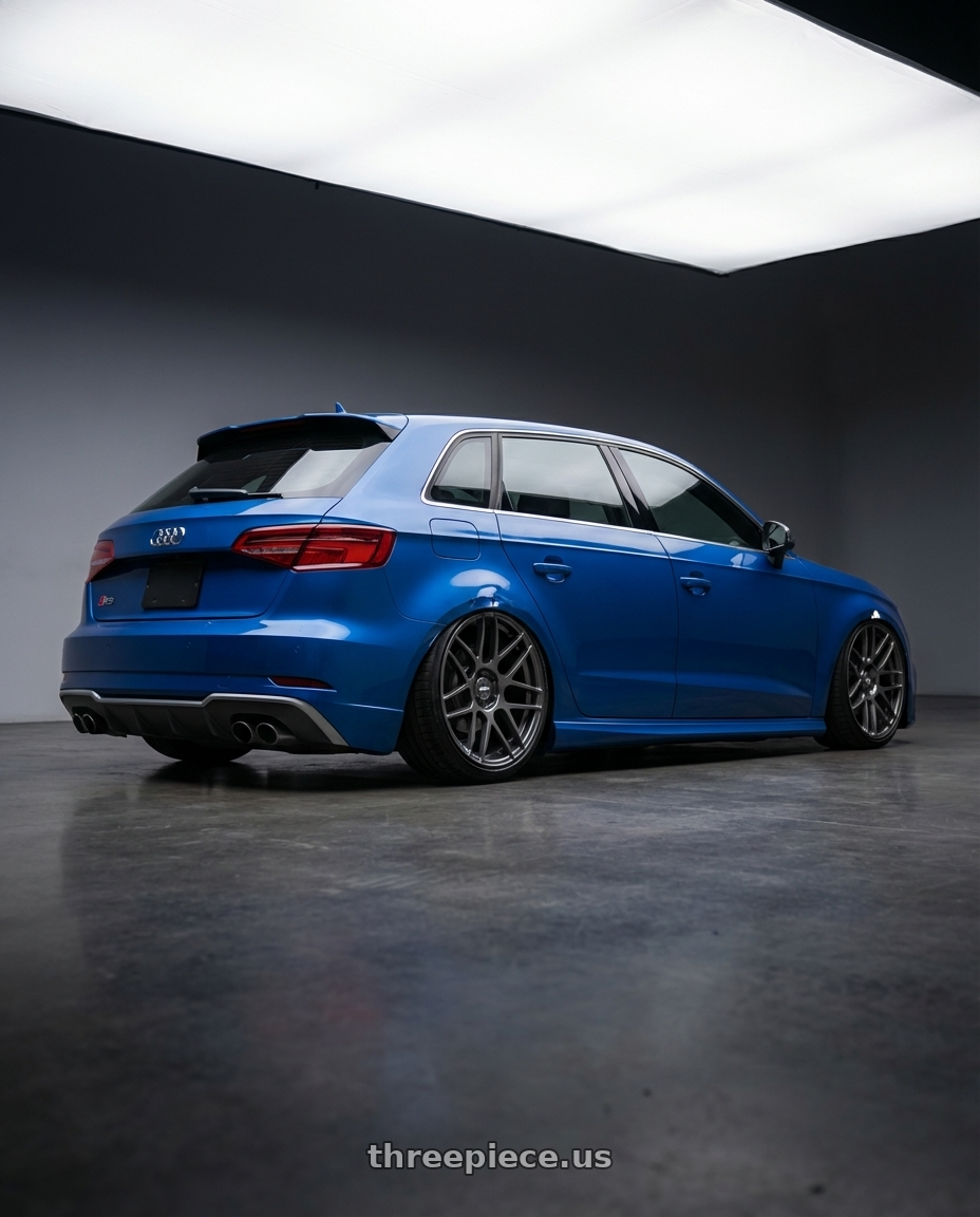 2019 Audi S3 8V with ESR Wheels FORGETECH SERIES RF1 5x112 19x9.5 +22 Gloss Graphite wheels rear three quarter view slight stretch tires