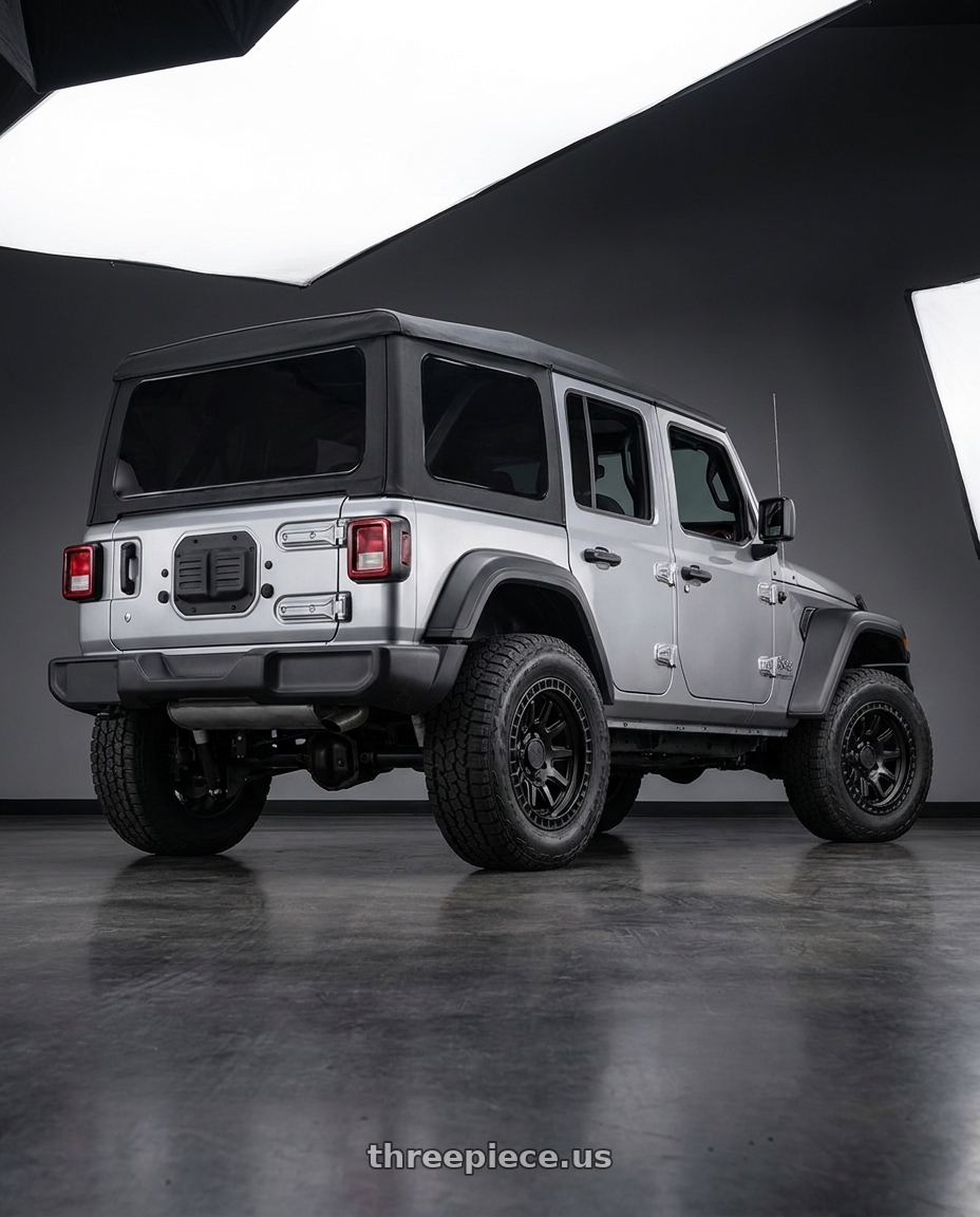 2021 Jeep Wrangler Sport with Black Rhino CALICO 5X127 17X8.5 +34 MATTE BLACK wheels rear three quarter view square tires