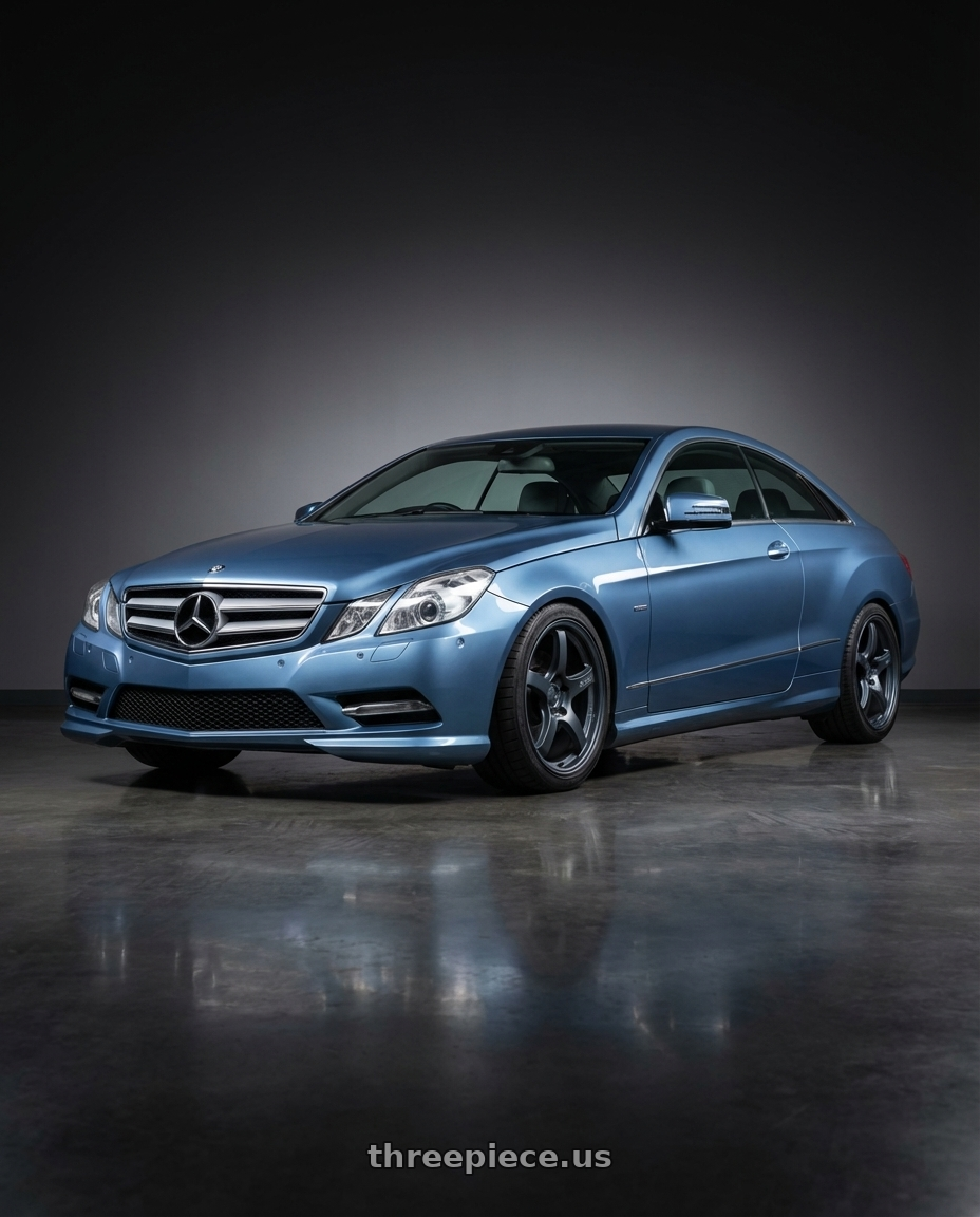2014 Mercedes-Benz E-Class Coupe C207 with Gram Lights 57CR 5x112 19x10.5+35 Gunblue II wheels front three quarter view lowered stance