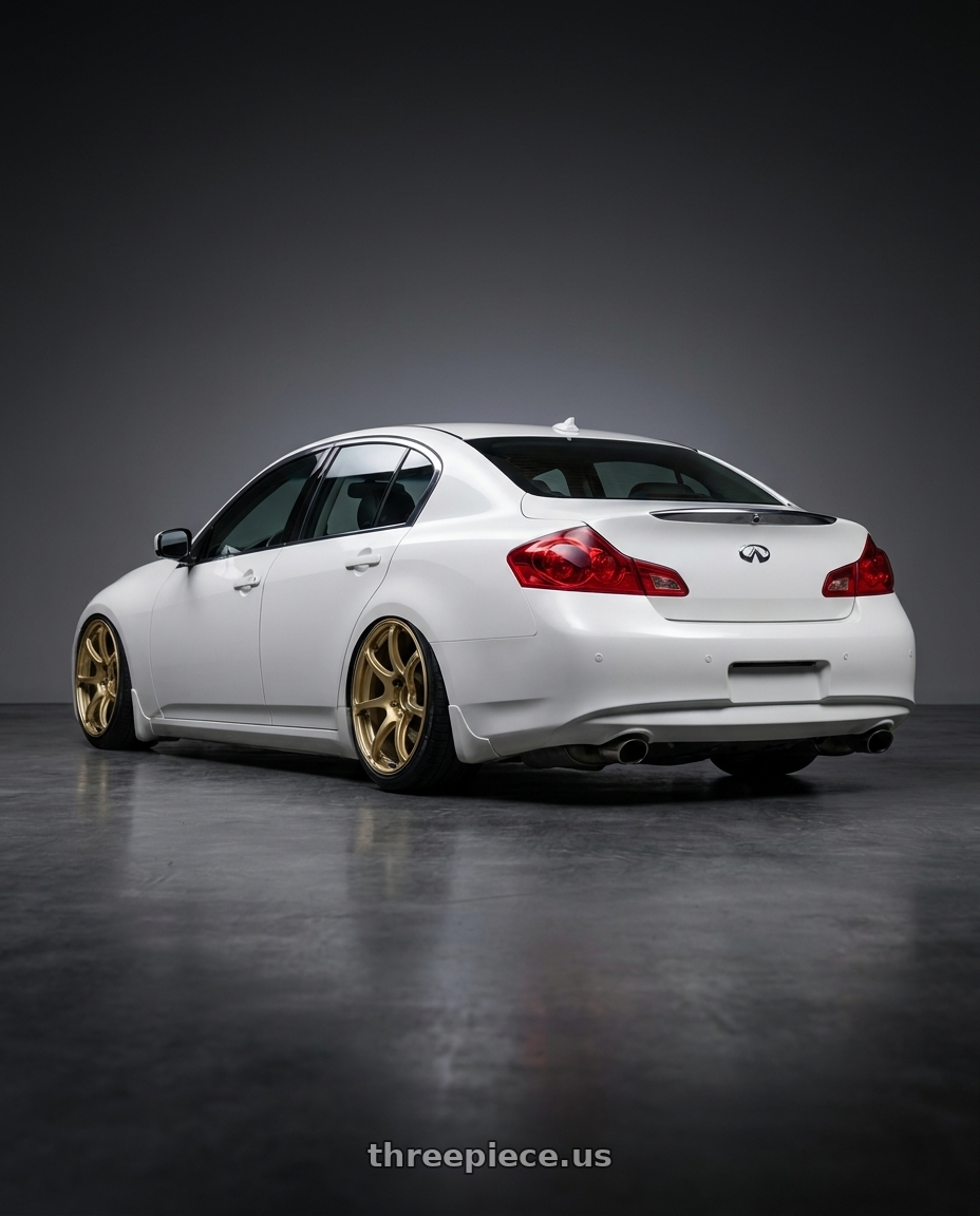 2012 Infiniti G37 with Advan RGIII 5x114.3 19x9.0+35 Gold wheels rear three quarter view slight stretch tires
