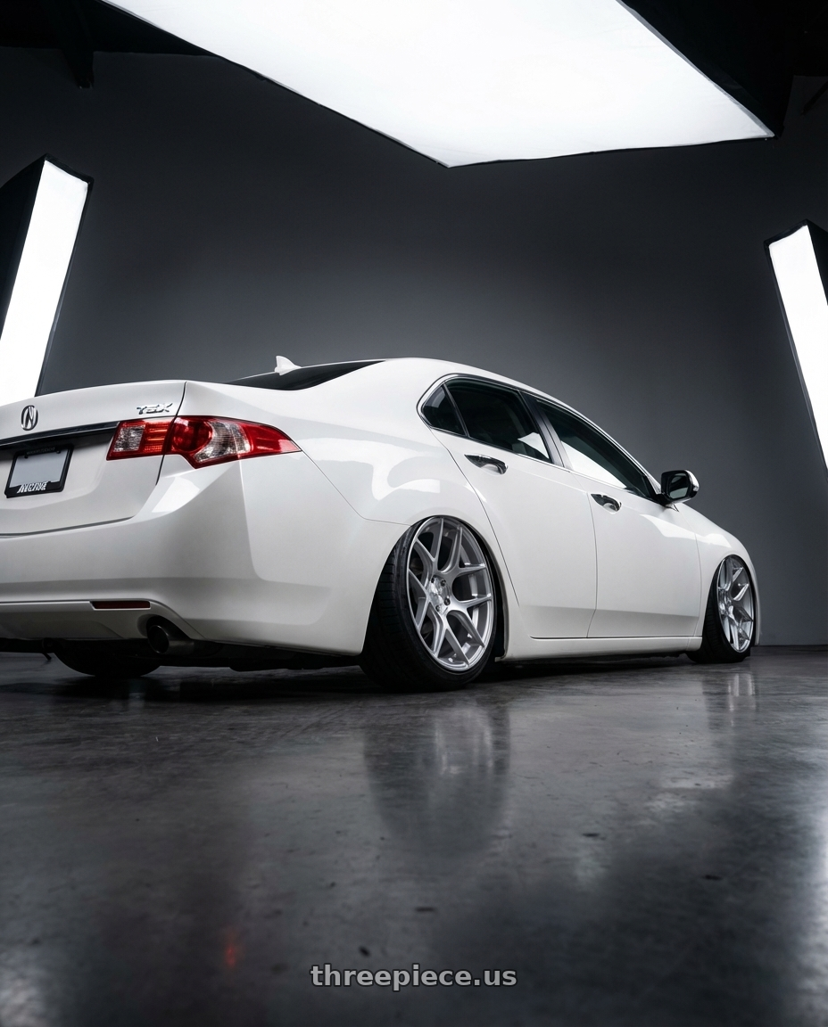 2013 Acura TSX with Avant Garde Wheels M590 5X114.3 19x9.5 +40 Satin Silver wheels rear three quarter view slight stretch tires