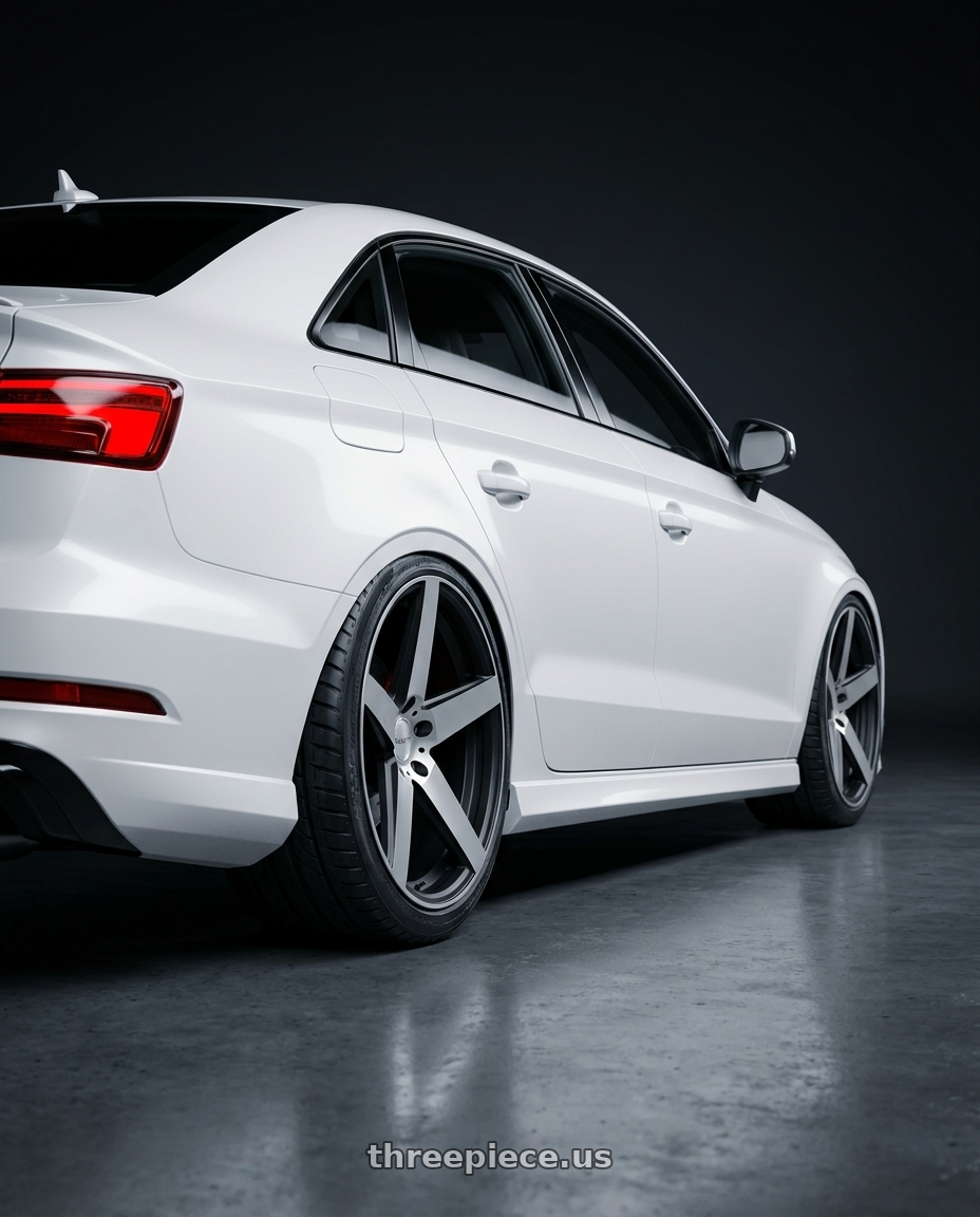 2017 Audi RS3 with RAVETTI M13 5X112 20x10 +40 SATIN BLACK MACHINED wheels rear three quarter view extreme stretch tires