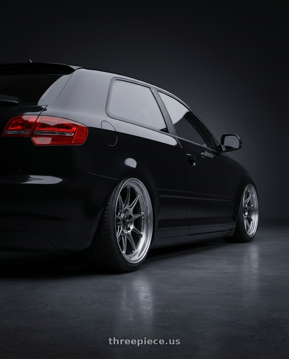 2012 Audi A3 8P with Konig Countergram 5x112 19x8.5+43 Hyper Chrome / Machined Lip wheels rear three quarter view slight stretch tires