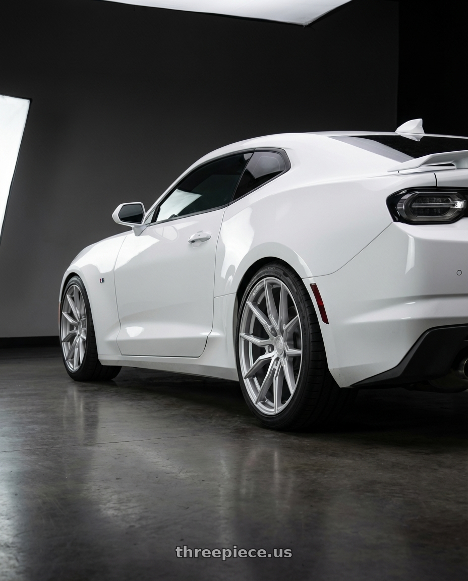 2022 Chevrolet Camaro with Aodhan AFF1 5x120 20x9+30 Gloss Silver Machined Face wheels rear three quarter view square tires