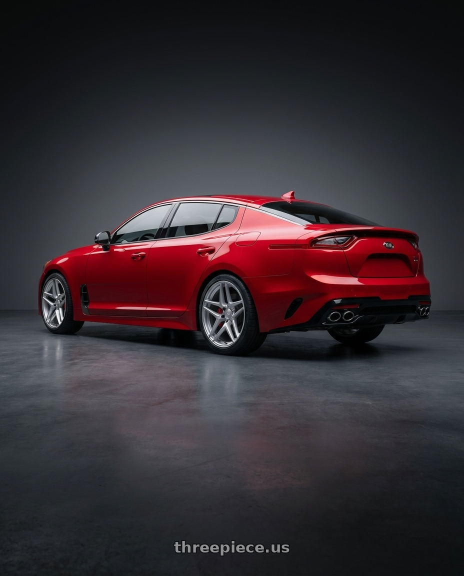 2018 Kia Stinger GT2 AWD with Kansei K15H Astro 5x114.3 19x8.5 35 Hyper Silver wheels rear three quarter view square tires