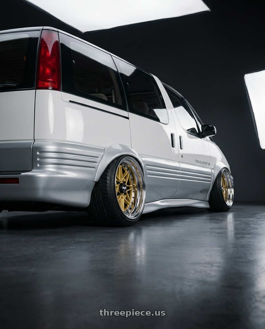 1992 Pontiac trans sport with WORK Equip 03 4x100 15x11 -31 GOLD wheels rear three quarter view extreme stretch tires