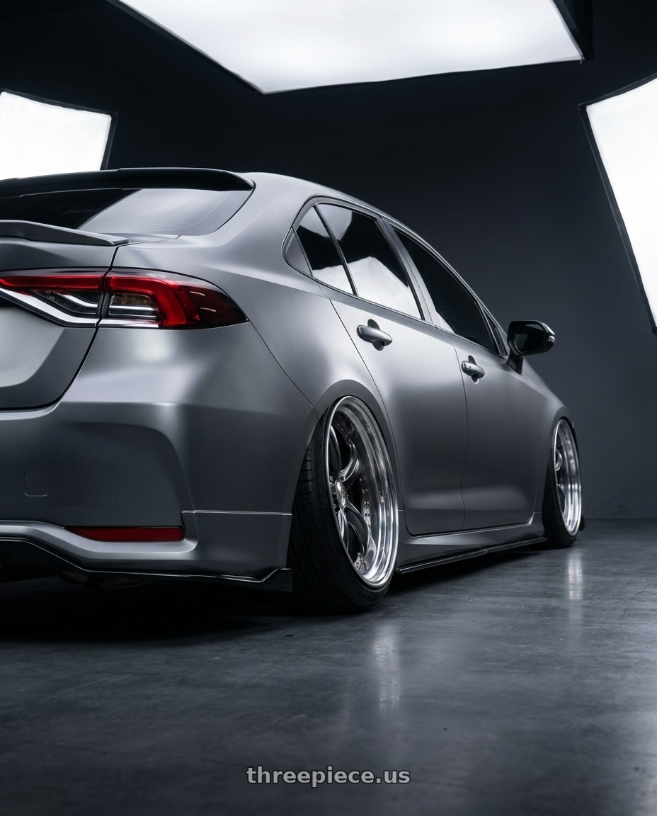 2022 Toyota altis  with Work Wheels VS-KF 5X114.3 19x8+2 Brilliant Silver Black A Disk FULL REVERSE wheels rear three quarter view square tires