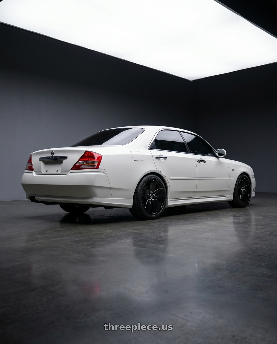 1999 Nissan Cedric Y34 with Heritage Wheel Sakura MonoC 5x114.3 18x8.5 +35 Black wheels rear three quarter view square tires